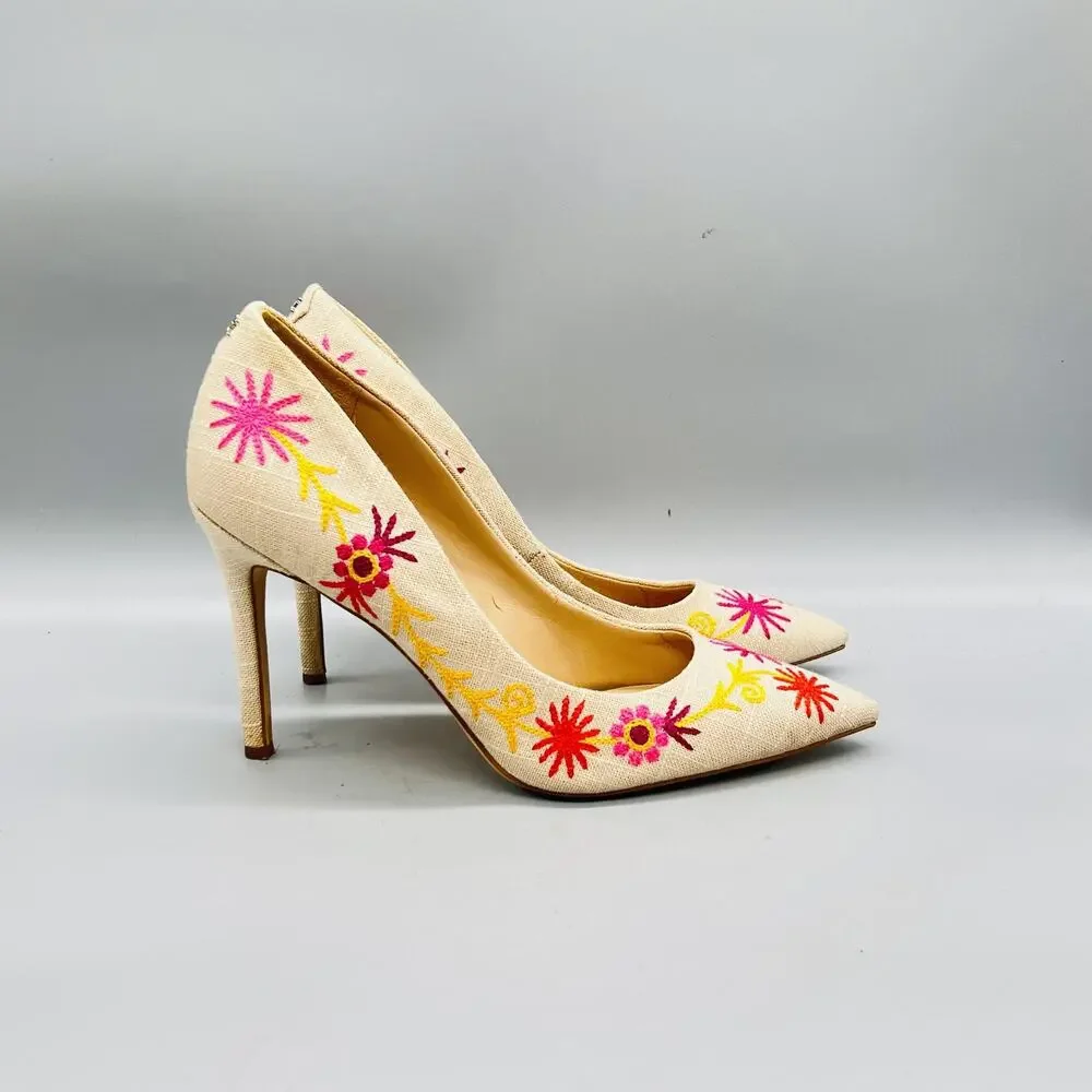 Sam Edelman Shoes Womens 8.5 Beige Hazel Linen Floral Embroidered Stiletto Pumps